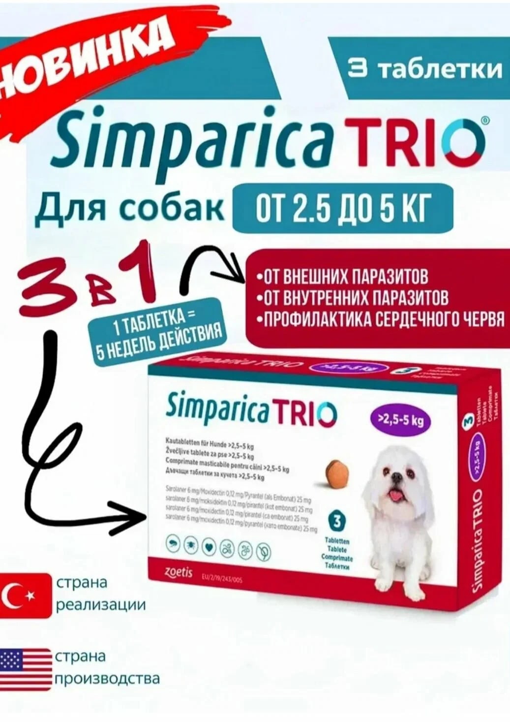 Симпарика Трио 2,5–5 кг, 3 таблетки